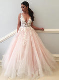 Charming Ball Gown V Neck Tulle Lace Appliques Prom Dresses, Evening STK20397