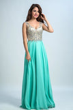 2024 V Neck Prom Dresses A Line Beaded Bodice Sweep Train Chiffon P922HM5L