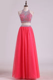 2024 Two Pieces Halter Prom Dresses A Line Tulle With Beading PPT7RL9Y