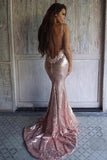 Sexy Rose Gold Sequins Mermaid Long Prom Dresses Spaghetti Straps Backless Party Dresses STK15349