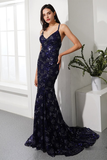 Mermaid Navy Blue Tulle Long Prom Dresses Evening Dresses With Backless