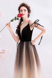 Spaghetti Straps Black Deep V Neck Formal Dress, Floor Length Tulle Ombre Prom Dresses STK15409