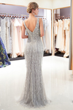 Sexy Mermaid Deep V Neck Sliver Sequined Long Prom Evening Dresses With Sweep Train