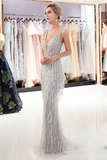 Sexy Mermaid Deep V Neck Sliver Sequined Long Prom Evening Dresses With Sweep Train