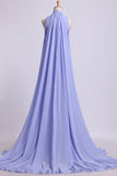 2024 High Neck Pleated Bodice Prom Dresses A-Line Chiffon Sweep PNL6RX7T