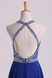 2024 A Line Prom Dresses Halter Beaded Bodice Open Back Sweep Train Chiffon & PNY91XXH