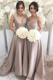 2024 V Neck Bridesmaid Dresses A Line Satin Sweep Train P6DLHSKN