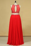 2024 Red Scoop Two Pieces A Line Prom Dresses Beaded Bodice Open Back Chiffon P3Y3MF3H