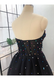 Elegant A Line Sweetheart Strapless Black Tulle Prom Dresses With STKPT11F6GE