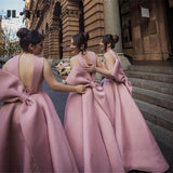 Ball Gown High Neck Satin V Neck Bridesmaid Dresses with Bowknot, Wedding Party Dress SRS15559