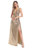 A Line Spaghetti Straps Sequins V Neck Backless Prom Dresses with Side Slit Formal Dress STK15030