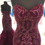 Strapless Sweetheart Long Tulle Mermaid Beads Prom Dresses, Maroon Formal Dresses STK15433