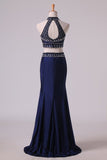 2024 Dark Royal Blue Halter Two-Piece Beaded Bodice Mermaid Open Back Prom Dresses Spandex & Tulle Floor P86123FD