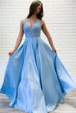 Flowy A-line V Neck Lace Long Prom Dresses Blue Satin Open Back Evening Party Dresses STK15229