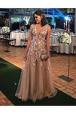 A-Line V Neck Appliques Floor Length Prom Dresses Tulle Evening STKP82T3LY5