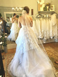 A-line 3D Lace Appliques V Neck Strapless Wedding Dresses Chapel Train Wedding Gowns