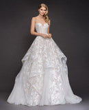 A-line 3D Lace Appliques V Neck Strapless Wedding Dresses Chapel Train Wedding Gowns