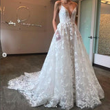 A Line Deep V Neck Lace Appliques Ball Gown Spaghetti Straps Wedding Dress with Pockets