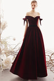 Charming A Line Long Off the Shoulder Burgundy V Neck Prom Dresses with Sweetheart STK15089