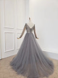 A Line Long Sleeves V Neck Gray Tulle Prom Dresses with Beading, Evening Dress STK15549