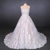 Ball Gown Strapless Wedding Dresses with Lace Applique, Lace Up Bridal Dress STK15071