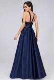 Cold Shoulder Sequin Navy Blue Prom Dresses Backless Satin Long Evening Dresses STK15132