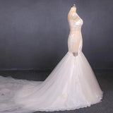 Charming Mermaid Tulle V-neck Wedding Dress, Sheer Back Long Bridal Dresses STK15112