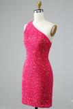 Glitter One-Shoulder Hot Pink Homecoming Dress With Sequins