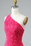 Glitter One-Shoulder Hot Pink Homecoming Dress With Sequins