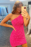 Glitter One-Shoulder Hot Pink Homecoming Dress With Sequins