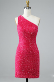 Glitter One-Shoulder Hot Pink Homecoming Dress With Sequins