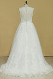 2024 Plus Size V-Neck Wedding Dresses A-Line Court Train Tulle With Applique & Belt Covered PXCRD6L7