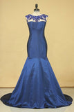 2024 Dark Royal Blue Scoop Prom Dresses Mermaid Taffeta Sweep Train With PNA5B6PS