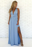 A-Line V Neck Criss Cross Light Blue Chiffon Long Prom Dresses with Split, Formal Dresses STK15053