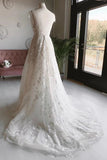 Elegant A-line V-neck Long Prom Dresses Appliques Backless Wedding Dresses STK15154