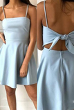 A-Line Spaghetti Straps Short Blue Satin Homecoming Dress