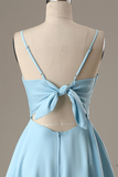 A-Line Spaghetti Straps Short Blue Satin Homecoming Dress