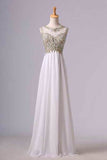 2024 Scoop Neckline Off The Shoulder Prom Dresses White Floor Length Chiffon With PKQF7YNN