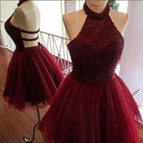 Burgundy A-line Halter Beading Backless Homecoming Dress