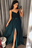 Sexy Satin Appliques Straps Sweep Train Prom Dresses