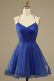 Royal Blue Mesh Net V-neck Homecoming Party Dress