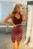 V-neck Brown Glitter Rhinestones Short Homecoming Dress