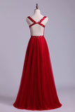 2024 V Neck Burgundy/Maroon Backless A Line/Princess Prom Dress With Tulle Skirt P623Y94K