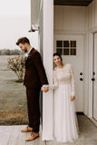 Elegant A Line Long Sleeves Round Neck Backless Boho Wedding Dress, Bridal STK20409