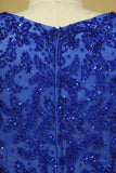 2024 Plus Size A Line Prom Dresses Scoop Dark Royal Blue Satin Cap Sleeves PXZZKEGF