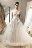 Classic V Neck Long Sleeves Tulle Lace Appliques Ball Gown Wedding Dresses