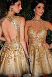 Gorgeous A-line Scoop Gold Short Homecoming Dress with Open Back