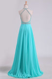 2024 Open Back A Line Prom Dresses Halter Beaded Bodice Sweep Train Chiffon & PA7KM6T5