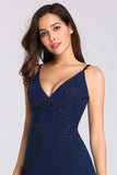 Sexy V Neck Long Spaghetti Straps Mermaid Navy Blue Prom Dresses with High Split STK15366