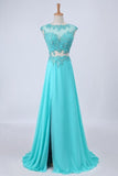 2024 Two Pieces Prom Dresses Bateau Backless A Line Chiffon Sweep Train PDQCKJZJ